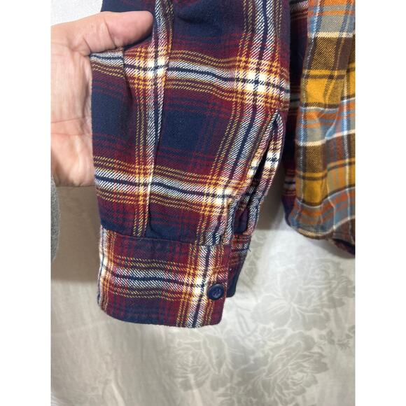 American Eagle Flannel Button Up Large Blue Green Patchwork Plaid Hood - Picture 2 of 9